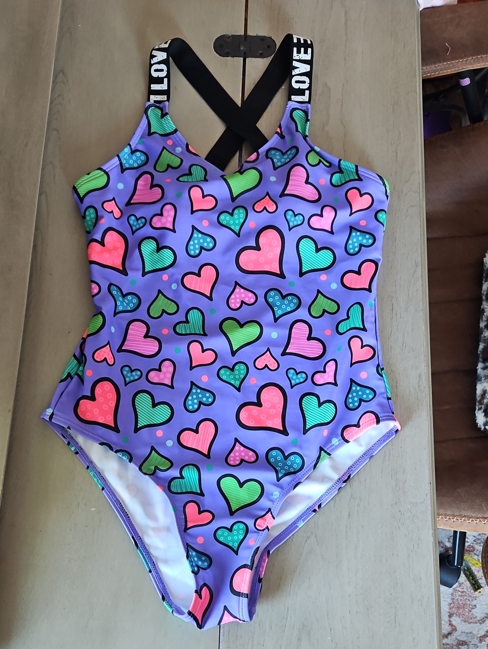 Vibrant Purple Hearts One-Piece Swimsuit with LOVE Straps